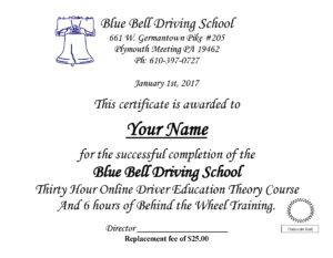 Blue Bell Driving School 30 hour certificate